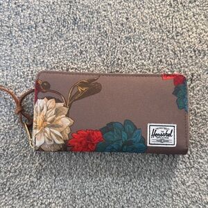 Herschel Supply Company Floral Brown Zip Wallet with Red, Teal, Cream Accents